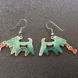 Green dog earrings w/ silver boarder